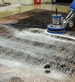 Professional rug cleaning with a rotary floor machine and shampoo foam, deep-cleaning an area rug Wichita, KS.